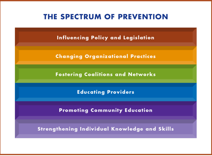 The Arizona ACE Think Tank used “The Spectrum of Prevention,” part of tools by the Prevention Institute, to produce a campaign that shifts perception of prevention from teaching healthy behaviors to identifying 6 levels of interventions.