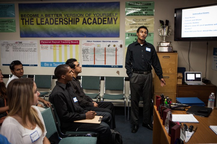 Terrick Bakhit introduces himself in a sales job training in San Diego, California, September 24, 2014. Bakhit has completed his GED, but never held a job, despite looking for one for the past three years. Bakhit is a former foster child who's struggled to make his way as an adult. He spent his 18th birthday incarcerated after a three-minute joyride in his group home van, so is unable to take advantage of AB12 – California legislation that gives assistance to foster youth as they transition into adulthood.