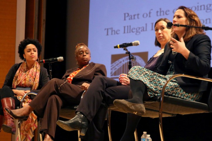 From left, Tynesha McHarris, director of community leadership at the Brooklyn Community Foundation, Renee Gregory, first assistant district attorney in the Brooklyn District Attorney's office, and Krista Larson, director of the Vera Institute of Justice’s Center for Youth Justice, and Nell Bernstein, author of Burning Down the House. Credit: Meral Agish