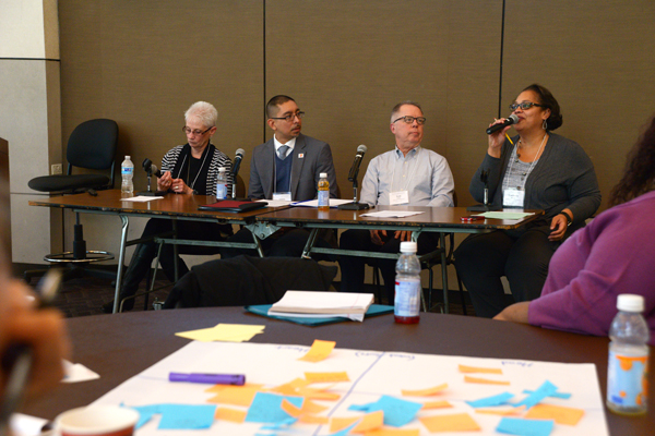 (l to r) Avis Smith, Eddie Bocanegra, Tom Scott, and  moderator Kim Mann. (Mike Kelly photo)